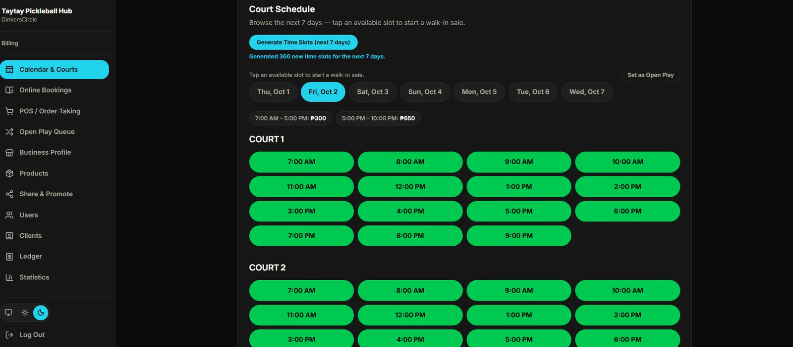 DinkersCircle Calendar & Courts screen showing a seven-day schedule grid with open time slots for two courts