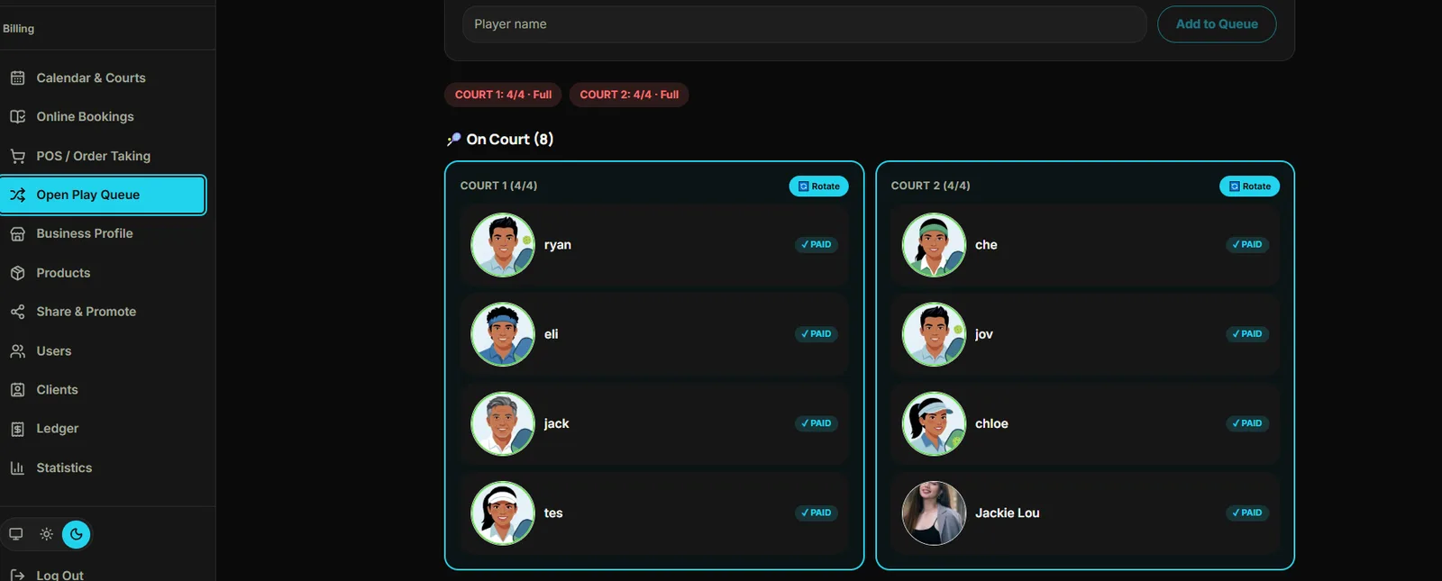 DinkersCircle Open Play Queue admin board with two full courts, PAID badges, and a waiting list