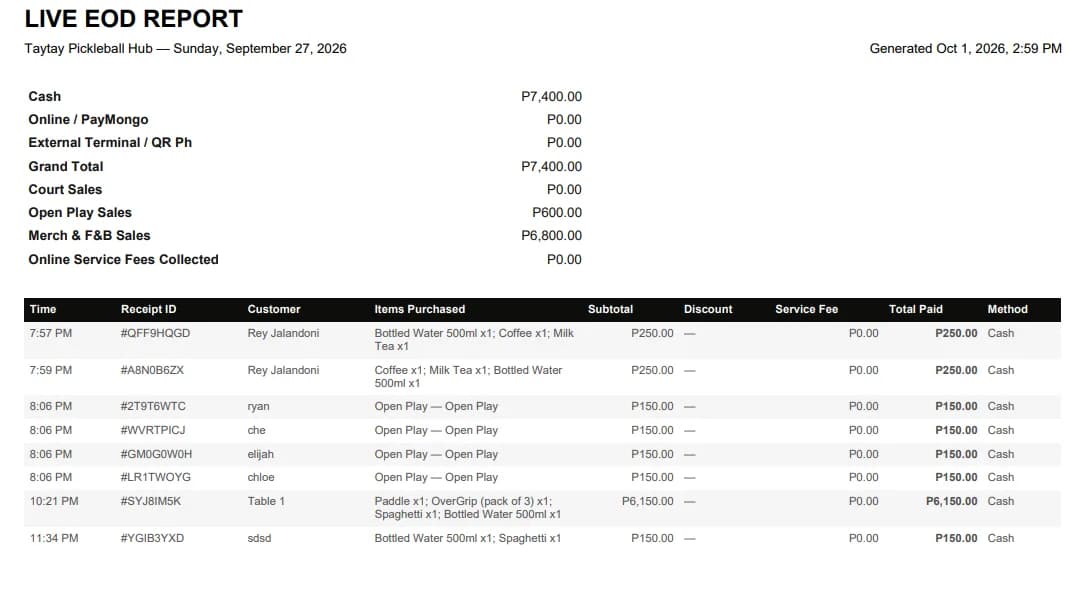 An exported Live EOD Report PDF listing every transaction of the day with receipt IDs and payment methods