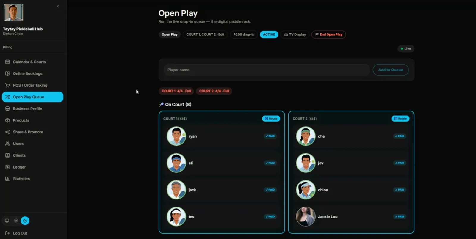 DinkersCircle Open Play Queue board — preview frame for the full walkthrough video