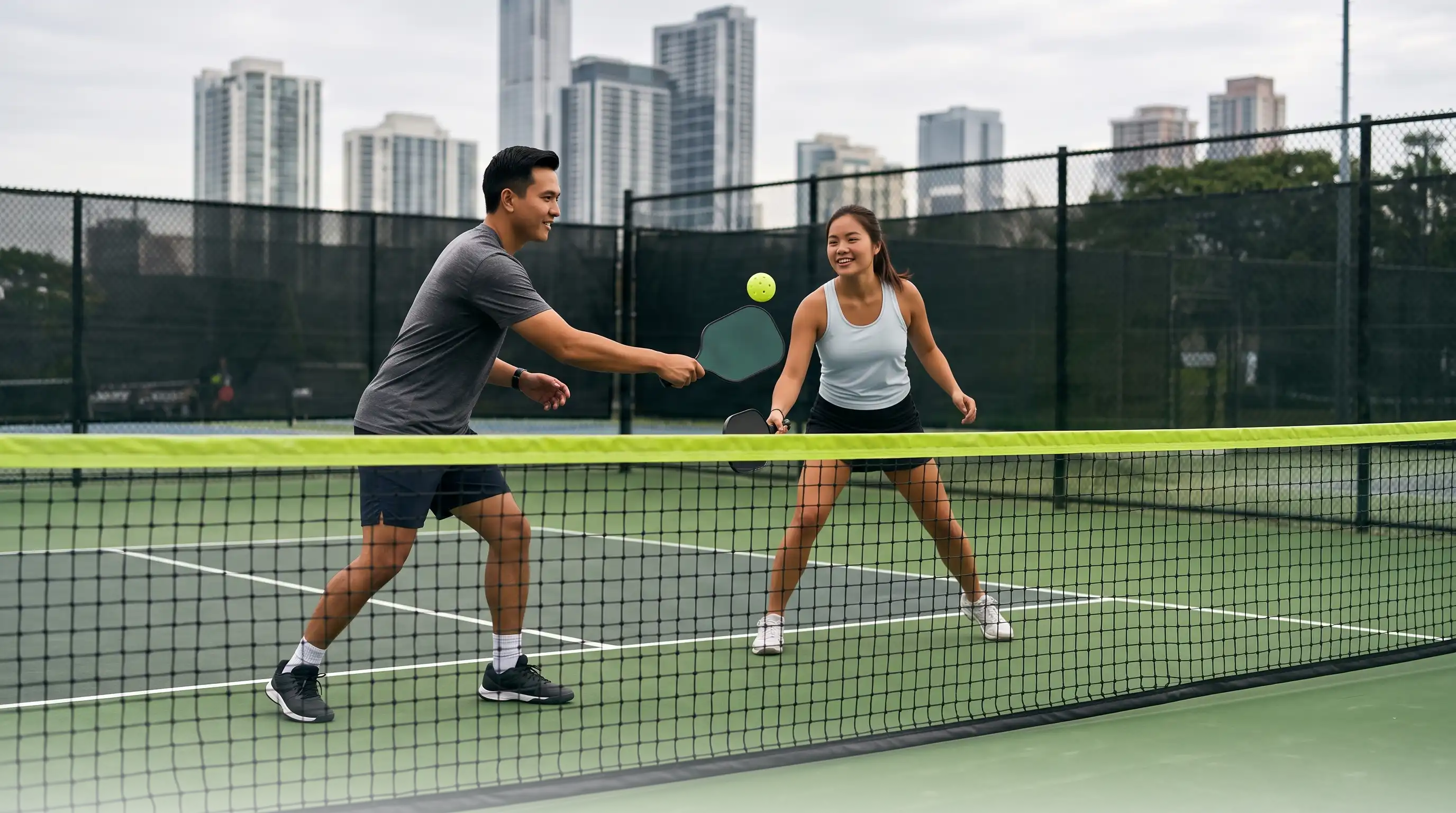 Two Founding 500 players rallying at a pickleball net, city skyline behind them